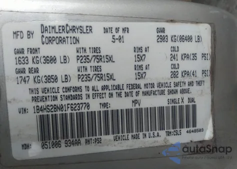 2001 Dodge Durango z USA, uszkodzony, nr VIN 1B4HS28N01F623770